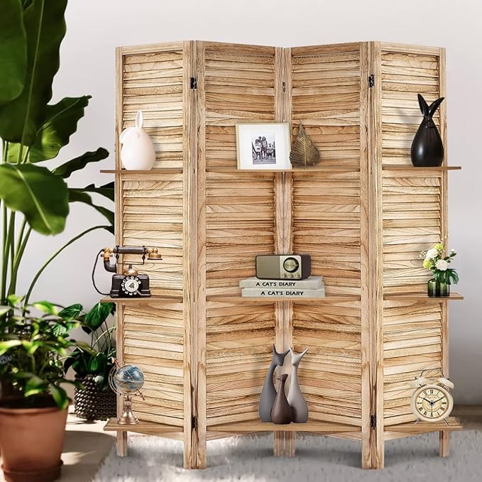 Room Divider with Shelves, Privacy Screen, Room Dividers and Folding Privacy Screens, 4 Panel Wood Temporary Wall Partition Separation Separator, Natural