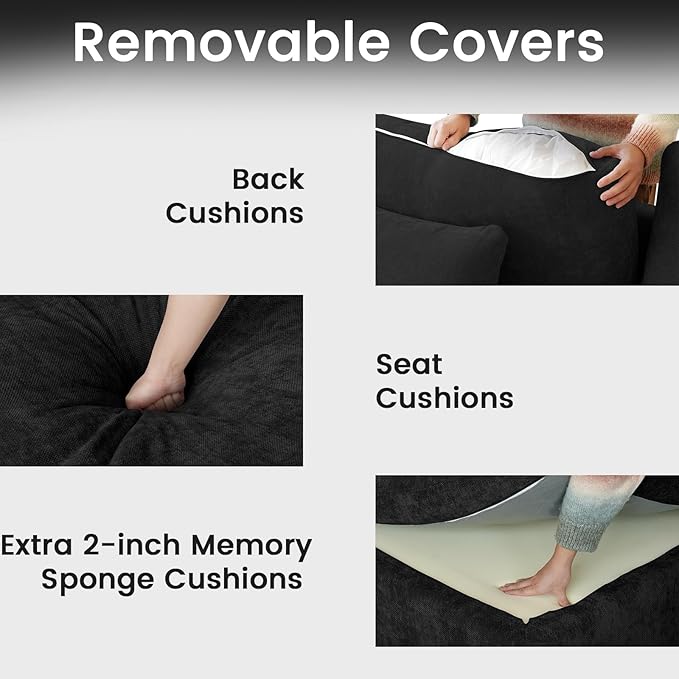 JACH Sectional Couches for Living Room, Cloud Sectional Couch with Deep Seat, Love Seat Modular Sofa with Chaise, Covers Removeable & Washable, Sofas Furniture for Living Room, Black