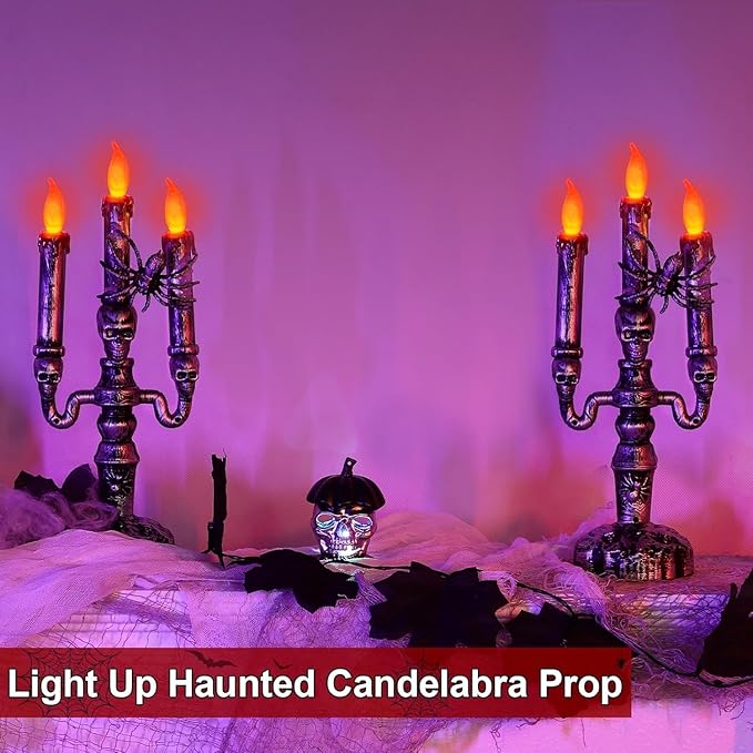 TURNMEON 2 Pack Halloween Candles Halloween Decorations LED Flame Less Candelabra 3-Flickering Lamp Light Up Battery Operated Candles Holder Spider Decor Indoor Table Home Haunted Party