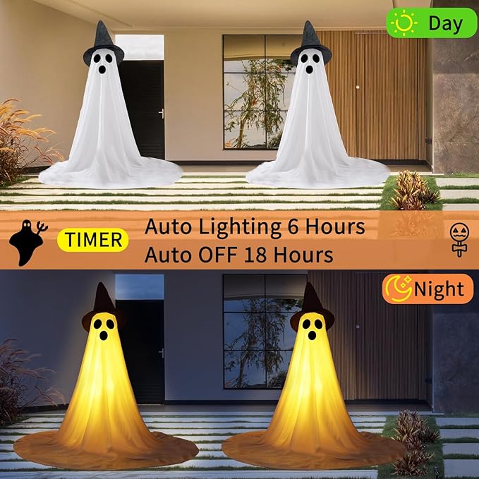 2 Packs Halloween Ghost Outdoor Decorations, 59โ Light Up Ghost Decor with Remote Control, Adjustable Height Standing Halloween Lighted Ghost Kit with Witch Hat Ideal for Porch, Garden, Yard
