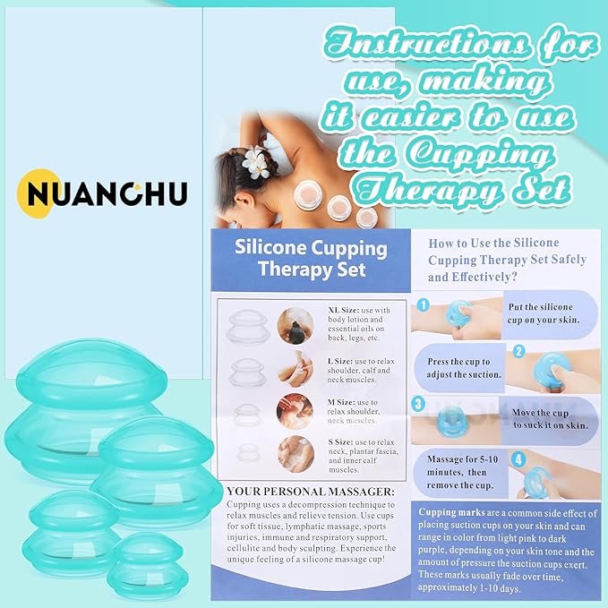 Nuanchu 8 Pcs 4 Sizes Cupping Therapy Set with Satin Bag Silicone Massage Cups Professional Cupping Therapy Vacuum Cup for Cellulite Joint Pain Muscle Pain(Clear Green)