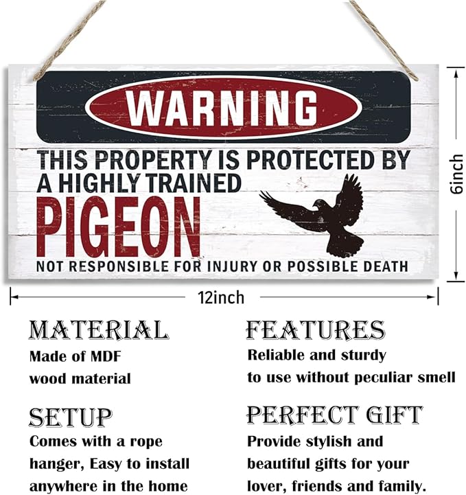 Warning Sign, Pigeon Warning Wood Plaque Sign, Funny Door Signs, Decorative Wood Hanging Suspension Plaque, Farmhouse Wooden Wall Decor, Outdoor Hanging Wooden Signs