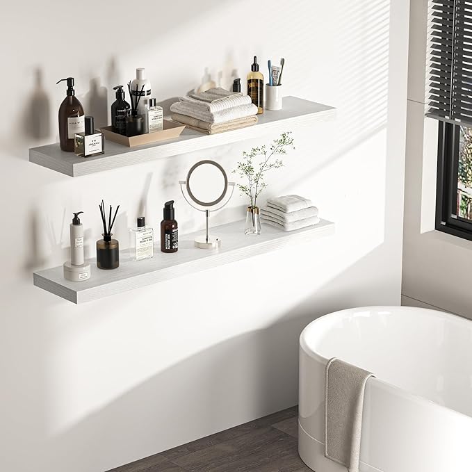 Floating Shelves - 10.3 Inch Deep Wall Shelf for Decor & Storage - Wall Mounted Display Shelving with Invisible Heavy-Duty Metal Bracket - 48" W x 10.3" D x 1.8" H - Set of 1 - Rustic White