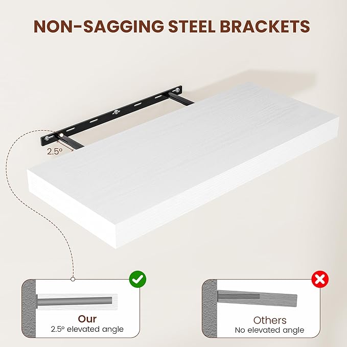 White Floating Shelves for Wall, 24 Inch X 12 Deep Shelves for Room Wall Mounted,2" Thick Heavy Duty Holds 55lbs Floating Shelf for Bedroom Bathroom Kitchen Laundry Room, Set of 2