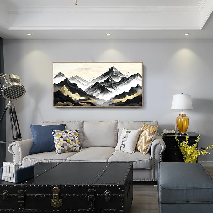 amatop Framed Extra Large Wall Art for Office Abstract Mountain Motivational Canvas Print Black and White Landscape Picture Zen Nature Giant Artwork for Contemporary Living Room Bedroom Decor 58x29 Inch