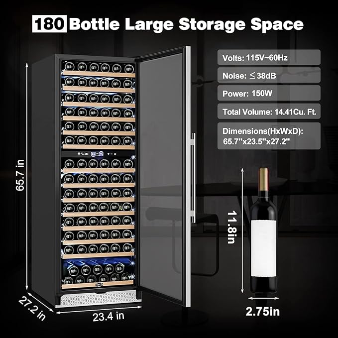 Tylza 24 Inch Wine Fridge Dual Zone, 180 Bottle Wine Cooler Refrigerator With Stainless Steel and Professional Compressor, Fast Cooling Low Noise and No Fog Built-in or Freestanding