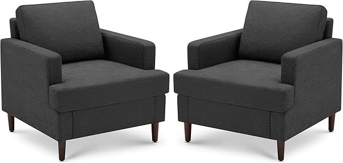 Mid-Century Accent Chair,Modern Linen Fabric Armchair for Living Room,Comfy Upholstered Reading Accent Chairs for Bedroom,Single Sofa Chair with Wood Legs (Dark Grey, 2 Pack)