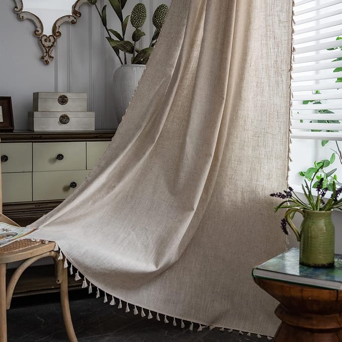 Sutuo Home Boho Curtain 63 Inches Long for Bedroom, Natural Linen Look Textured Burlap Rod Pocket Chic Semi Blackout Bohemian Handmade Tassels Window Treatment for Living Room, 1 Panel 59" W x 63" L