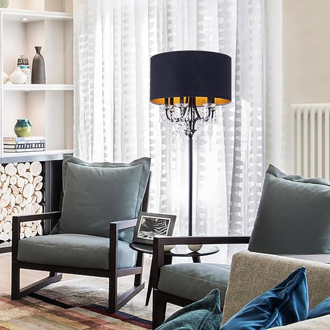 Wellmet Black Crystal Drum Shade Floor Lamp, 6 Light Black Gold Shade, Candle Base, for Living Room, Bedroom, Reading Room, Hallway, Corridor
