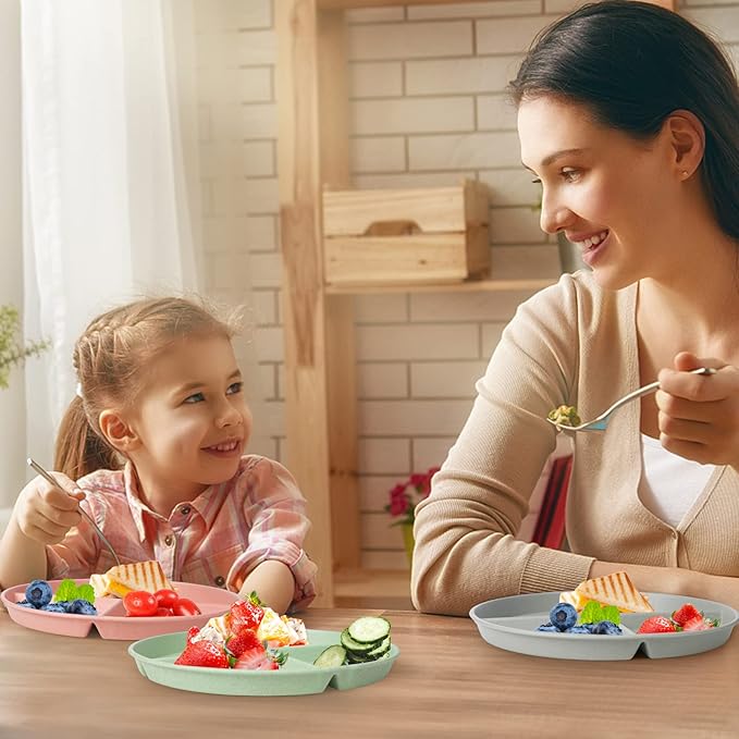 greenandlife 9 Inch (4PCS) Unbreakable Divided Plates for Kids Adults, Dishwasher & Microwave Safe Compartment Plate, Lightweight Reusable Plastic Portion Control Plates, BPA Free and Healthy