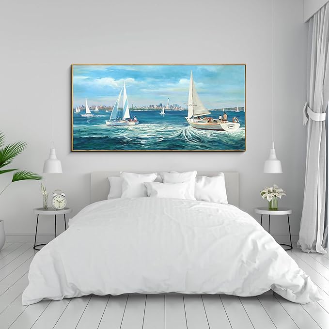 XLSJERST Large Blue Canvas Wall Art Seascape Painting - Landscape Picture Textured Navy Modern Sailboat Ocean Artwork Framed for Living Room Bedroom Bathroom Home Office Wall Decor Large Size 29"x58"