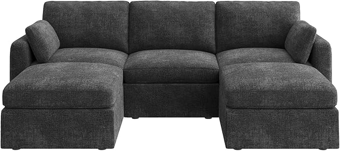 HONBAY Grey Chenille Fabric Modular Sectional Sofa with Storage, U Shaped Sectional Couch for Living Room, 111.10W x 66.20D x 35.40H inches