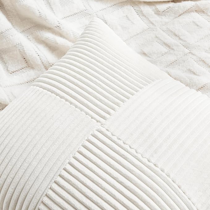 Fancy Homi 2 Packs Cream White Lumbar Decorative Throw Pillow Covers 14x24 Inch for Couch Bed Sofa, Rustic Farmhouse Boho Home Decor, Soft Striped Corduroy Rectangle Accent Cushion Case 35x60 cm