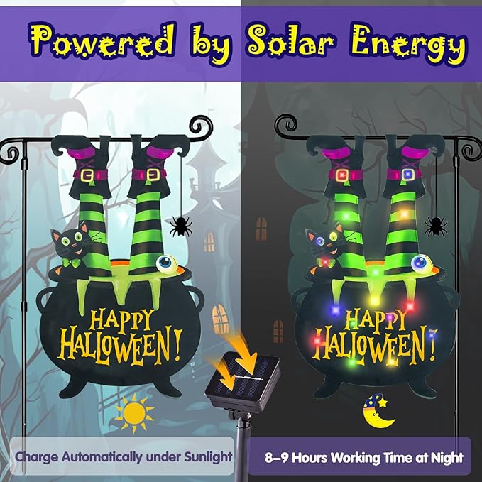 Halloween Lighted Garden Flag for Outside, Witch Feet Shape Flag Yard Decor, 8 Modes 28x40 Double Sided Cauldron Eyeball Black Cat Outdoor Hlloween Decorations for Home Porch(Multi Colored-28x40)