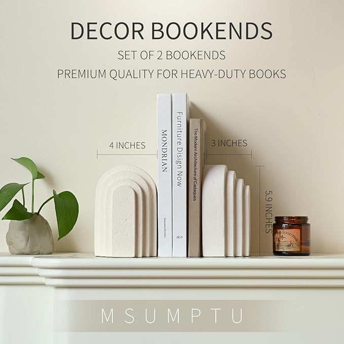 Decorative Bookends for Shelves, Set of 2 Book Ends for Heavy Books, Layered Arch Design Beige Bookend