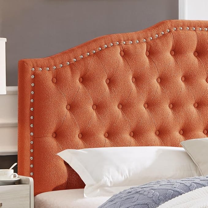 24KF Upholstered Button Tufted Queen Headboard with Nailhead Trim, Elegant Boucle Fabric Full headboard, 6031-Q-Boucle-Orange