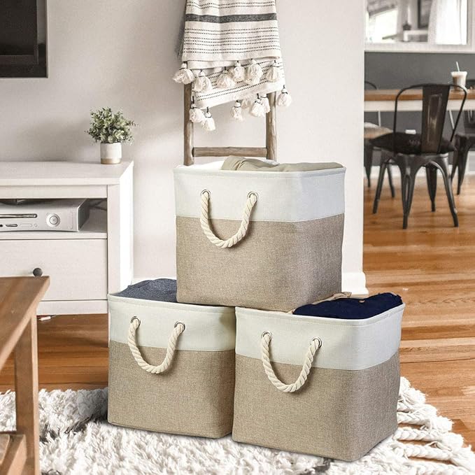 i BKGOO 3Pack Large Foldable Storage Bins,Collapsible Sturdy Cationic Fabric Organizing Storage Basket Cube with Cotton Handles for Home Office Shelf Clothes Toys White-Khaki 13×13×13 inch