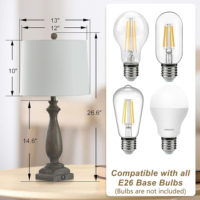 ππ-ππππ Rustic Table Lamp Set of 2 for Living Room, Vintage Farmhouse Bedside Lamp with USB Charging Port, 3 Way Dimmable Resin Nightstand Lamps with White Shade for Bedroom, End Table