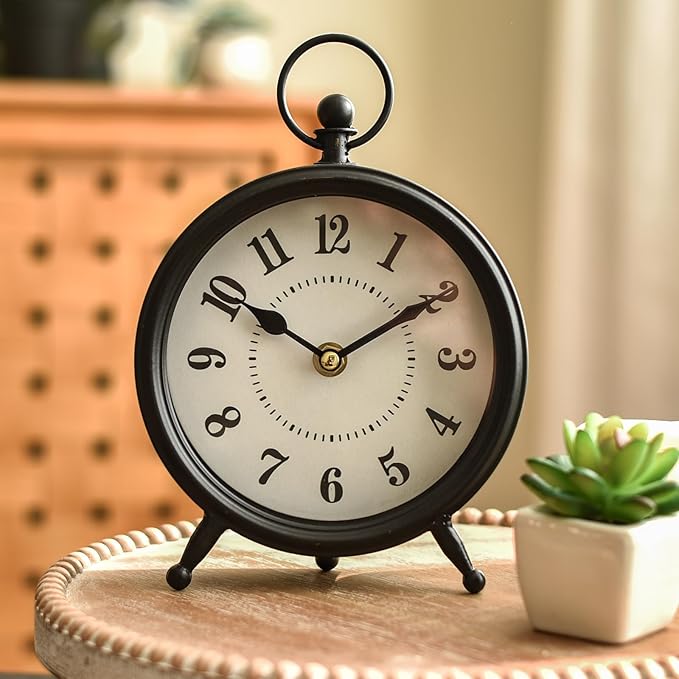 Vintage Non-Ticking Black Table Clock with Stand, Decorative Clock for Desk and Shelf, Rustic Farmhouse Style Mantel Timepiece