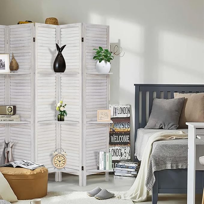 Room Divider with Shelves, Privacy Screen, Room Dividers and Folding Privacy Screens, 4 Panel Wood Temporary Wall Partition Separation Separator, Coconut