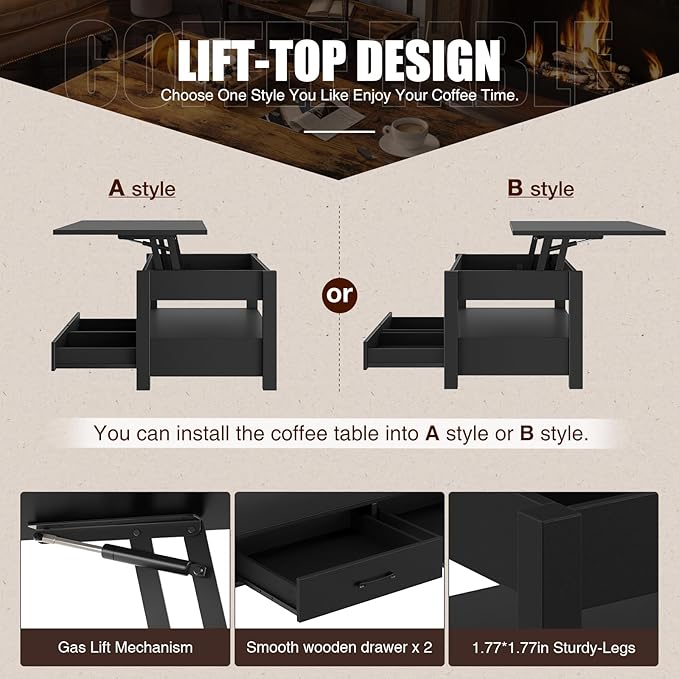 Rolanstar Coffee Table, 47.2" Lift Top Coffee Table with Drawers and Hidden Compartment, Retro Central Table with Wooden Lift Tabletop, for Living Room,Black