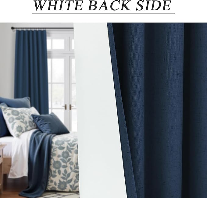 Navy Blue Curtains 102 Inches Long for Livingroom 2 Panels 100% Blackout Back Tab Pocket Cooling Sun Heat Light Blocking Linen Curtains for Bedroom Dining Room 8.5 FT Dark Blue Black Out Drapes Winter