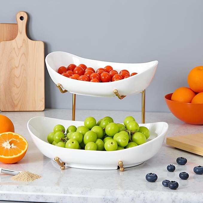 HBlife Extra Large Fruit Basket for Kitchen Counter - 2 Tier Ceramic Fruit Bowl with Metal Stand, Bathroom Countertop Organizer, Tiered Serving Trays for Party