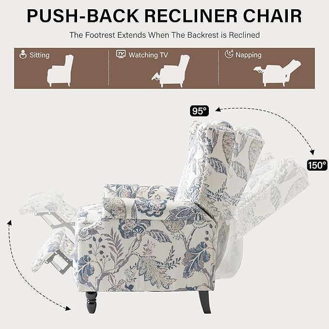 UIXE Pushback Recliner Chair, Push Back Accent Chair Fabric Upholstered Armchair for Living Room, Rivet Trim Home Theater Single Sofa Bedroom Reading Seat - Blue Plants