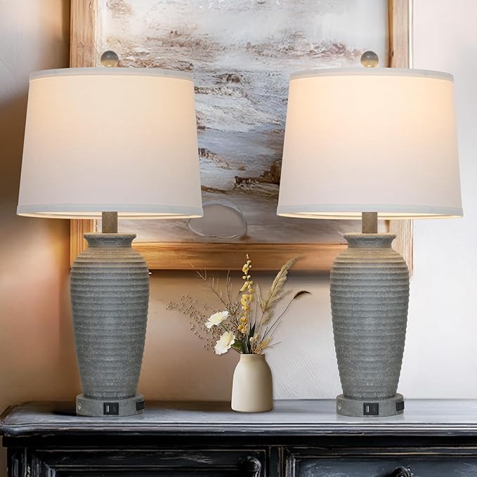 25" Grey Vintage Table Lamp Set of 2 Farmhouse Jar Table Lamps for Living Room,Touch Bedside Lamps with USB A+C Ports & AC Outlet, Pot Nightstand Lamps for Bedroom Living Room (LED Bulbs Included)