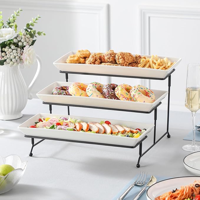 MALACASA 3 Tier Serving Tray, Porcelain Tiered Cupcake Stand, Ceramic Elevated Serving Platter with Collapsible Sturdier Rack,Series PLAT (White, 14 Inch)