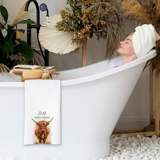 Highland Cow Farmhouse Hand Towels for Bathroom Kitchen Decor | Waffle Weave Microfiber Dish Towel Set | Hello Sweet Cheeks Farmhouse Cow Decorative - A01