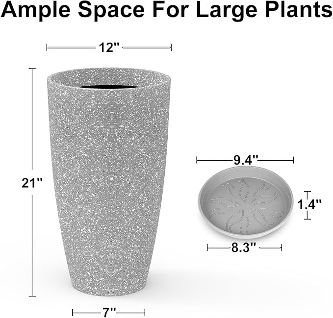 Tall Flower Pot Indoor - Outdoor Plant Pot - Gray Rough Planter - Elegant Stone Imitation - 12" Diameter 21" Tall with Drainage Holes and Saucer