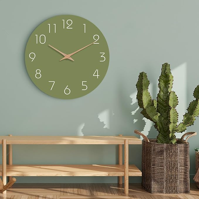 Mosewa Modern Wall Clock Silent Non-Ticking 14 Inch Olive Green Battery Operated Simple Minimalist for Living Room Office Bedrooms Kitchen Home Decor