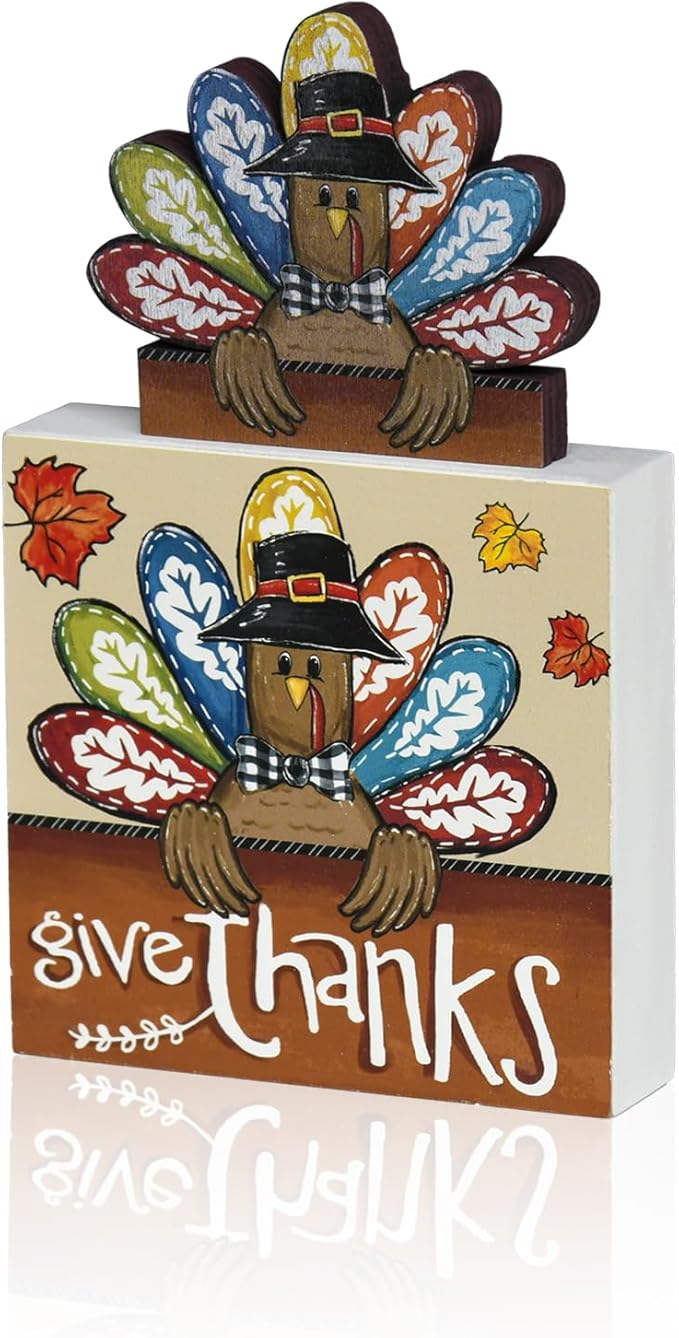 Smile Thanksgiving Wooden Decor Indoor, Turkey Decor Give Thanks Box Sign, Thanksgiving Table Tiered Tray Kitchen Decorations