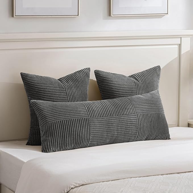 Fancy Homi 2 Packs Dark Gray Euro Decorative Throw Pillow Covers 26x26 Inch for Couch Bed Sofa, Rustic Farmhouse Boho Home Decor, Soft Corss Corduroy Patchwork Textured Square Cushion Case 66x66 cm