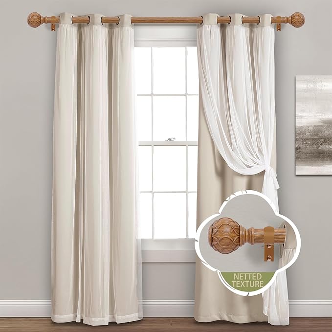 Wood Curtain Rods for Windows 66 to 120 Inch(5.5-10ft),1 Inch Adjustable Curtain Rod,Heavy Duty Curtain Rods,Wooden Netted Texture Drapery Rods,Single Window Curtain Rod 66-120",Brown Wood