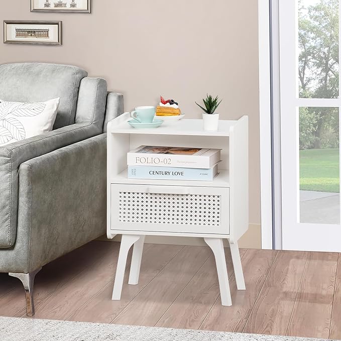 Lerliuo Rattan Nightstands Set of 2, Side Table with Drawer Open Shelf, Cane Accent Bedside End Table with Solid Wood Legs, Mid Century Modern Night Stand for Bedroom, Dorm and Small Spaces (White)