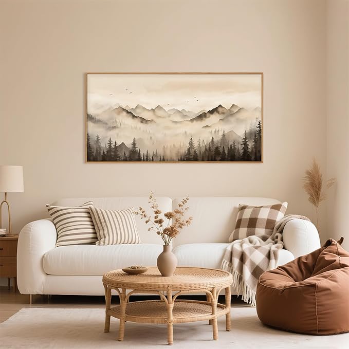Nature Misty Forest Framed Canvas Wall Art Set, Foggy Landscape Wall Decor, Watercolor Pine Tree Wall Painting, Large Mountains Art Print for Living Room, Bedroom, Office - 20"X40"