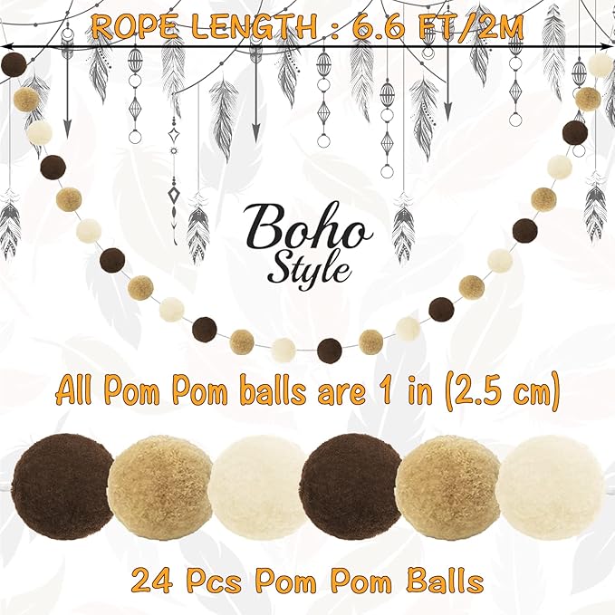 Jishi Pom Pom Garland Boho Party Decorations, 3-Pack Brown Khaki Beige Felt Ball Garland Cute Pastel Rainbow Pompom Strings, Christmas Birthday Wedding Rustic Boho Home Decor Supplies, Xmas Tree Decor
