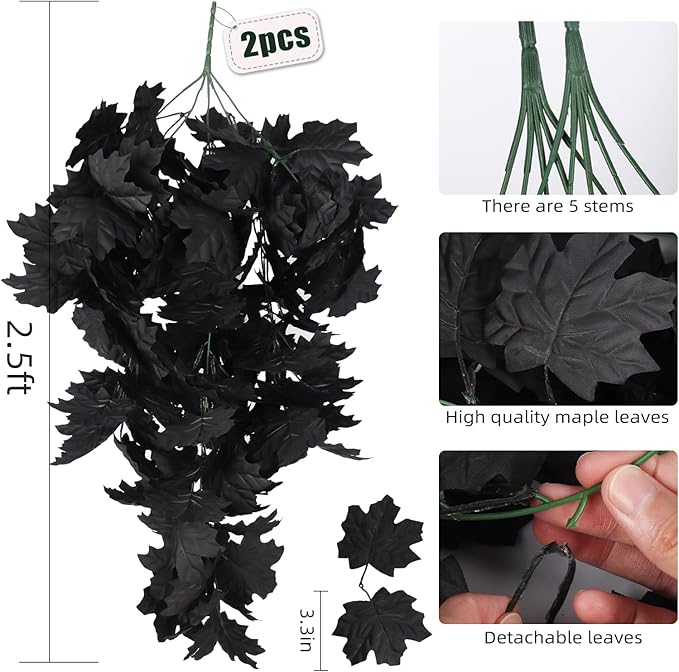 RECUTMS Black Maple Leaf Artificial Hanging Plants Fake Plants Faux Fall Leaves Halloween Faux Plants Autumn Leaves Artificial Wall Hanging Indoor Outdoor Halloween Decoration(Black)
