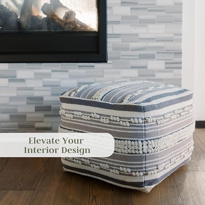 Pouf Ottoman, Square Hand Woven Loop and Striped Ottoman Pouf for Living Room or Bedroom, Floor Chair, Foot Rest or Decorative Home Decor