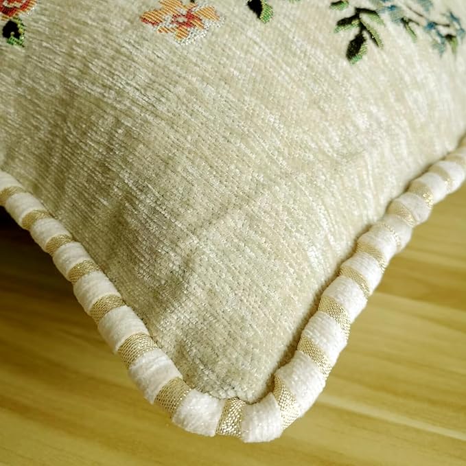 Set of 2 Beige Vintage Throw Pillows Covers 18x18in,Floral Embroidered Cushion Cover for Sofa Bedroom,Euro Sham Covers Retro Home Decor Pillows Covers