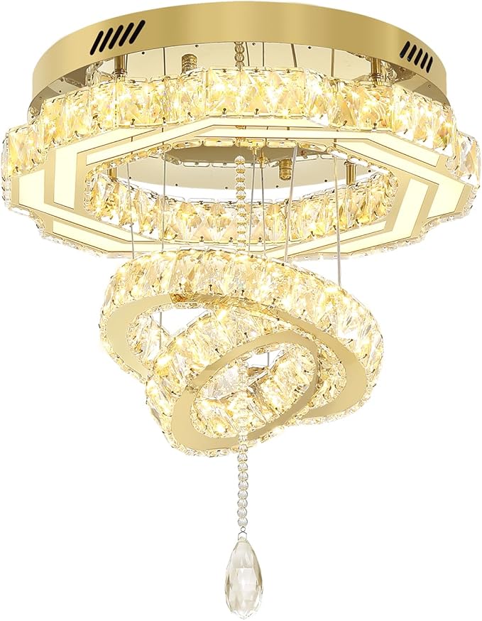 Flashing God 20" Crystal Chandelier Crystal LED Flush Mount Chandeliers for Living Room Bedrooms Dining Room Modern Gold Chandelier Lighting Dimmable 2700k 4500k 6000k