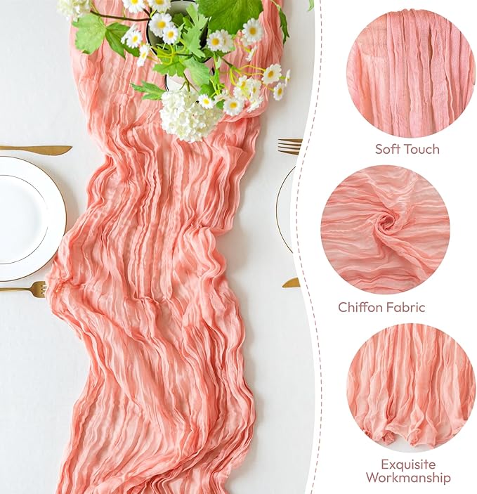 Sioloc 10 Pack Peach Coral Cheesecloth Table Runner Fall Autumn Decor for Home 10ft Table Cloth for Tea Wedding Birthday Party Baby Bridal Shower Halloween Thanksgiving
