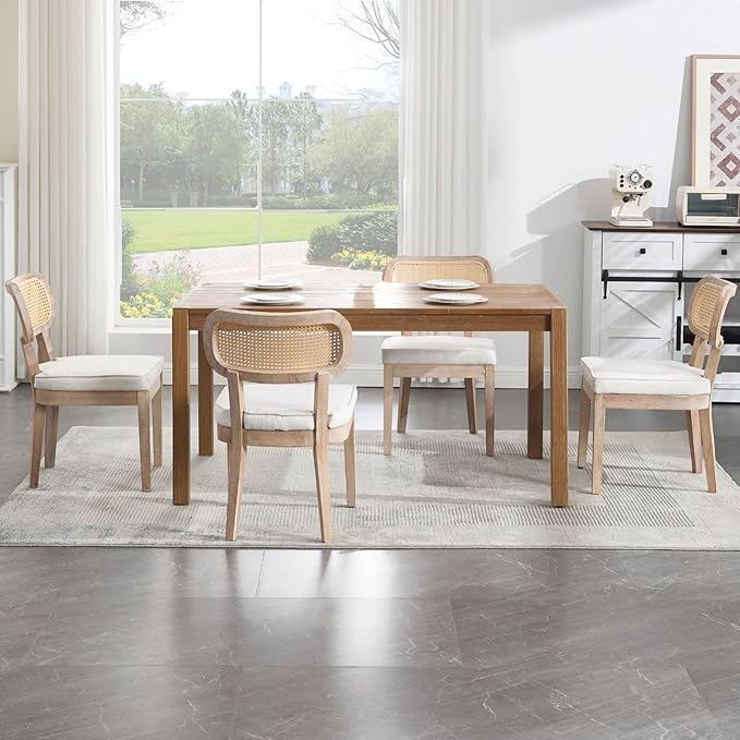 Rattan Dining Chairs Set of 2, Linen Fabric Farmhouse Dining Room Chairs with Cane Back Curved Backrest Kitchen Chairs Rustic Armless Side Chairs for Dining/Living Room/Restaurant, Beige