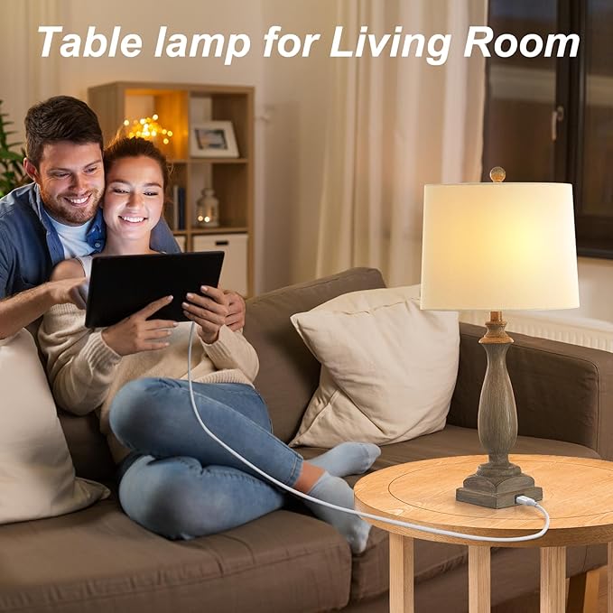 ππ-ππππ Rustic Table Lamp Set of 2 for Living Room, Vintage Farmhouse Bedside Lamp with USB Charging Port, 3 Way Dimmable Resin Nightstand Lamps with White Shade for Bedroom, End Table