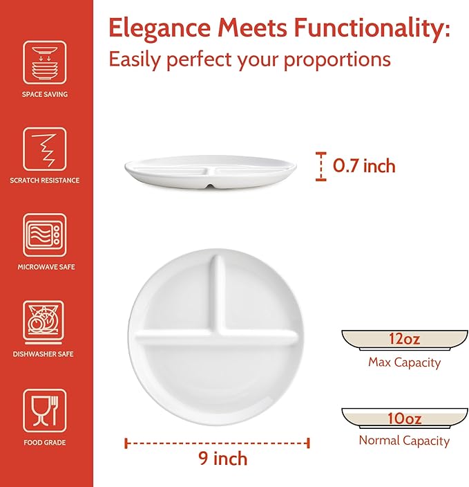 Sweese Porcelain Division Dinner Plates Set of 2, 9 Inch Divided Plates for Adults, Balanced Meal Building - White