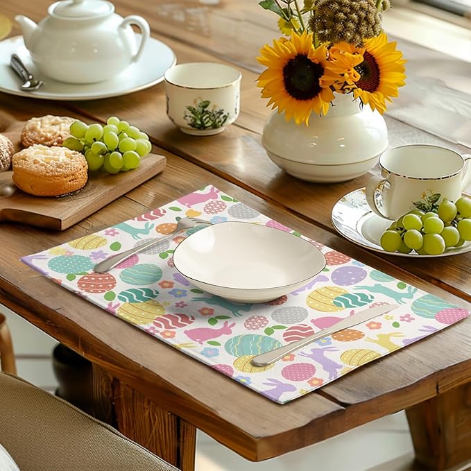 Easter Eggs Bunny Floral Placemats Set of 4 Watercolor Egg Floral Place Mat 12x18 Inch Seasonal Spring Colorful Washable Linen Table Mats for Party Kitchen Dining Outdoor Indoor Decor