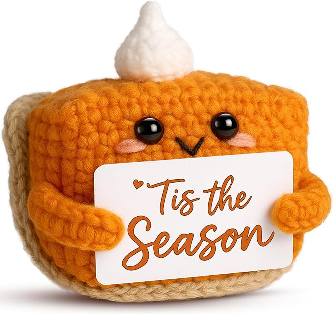 Tis The Season Fall Decor | Mini Crochet Pumpkin Pie Plush | Small Handmade Autumn Halloween Thanksgiving Items for Home Office Indoor Table Decoration Christmas Stocking Stuffer Ornament