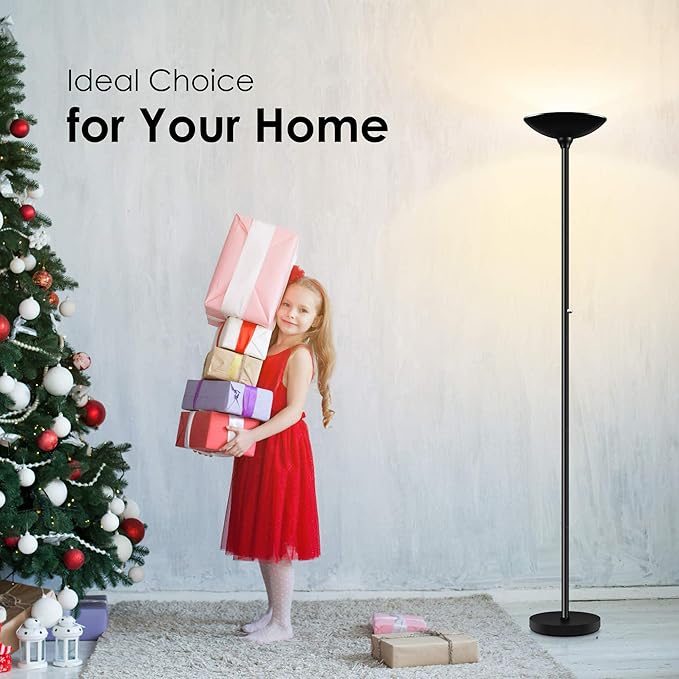 BoostArea Torchiere Floor Lamp, 30W Super Bright LED Standing Lamp, Stepless Dimmable Pole Lamp with 3000K Lighting, Rotary Switch, 70 Inch Tall Metal Modern Floor Lamps for Living Room/Bedroom Black